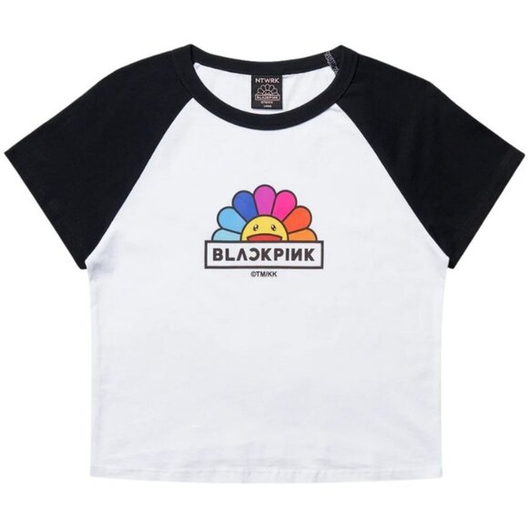Takashi Murakami X BLACKPINK Rainbow Flower T-Shirt White-Black (Cropped) Size M - Picture 1 of 2